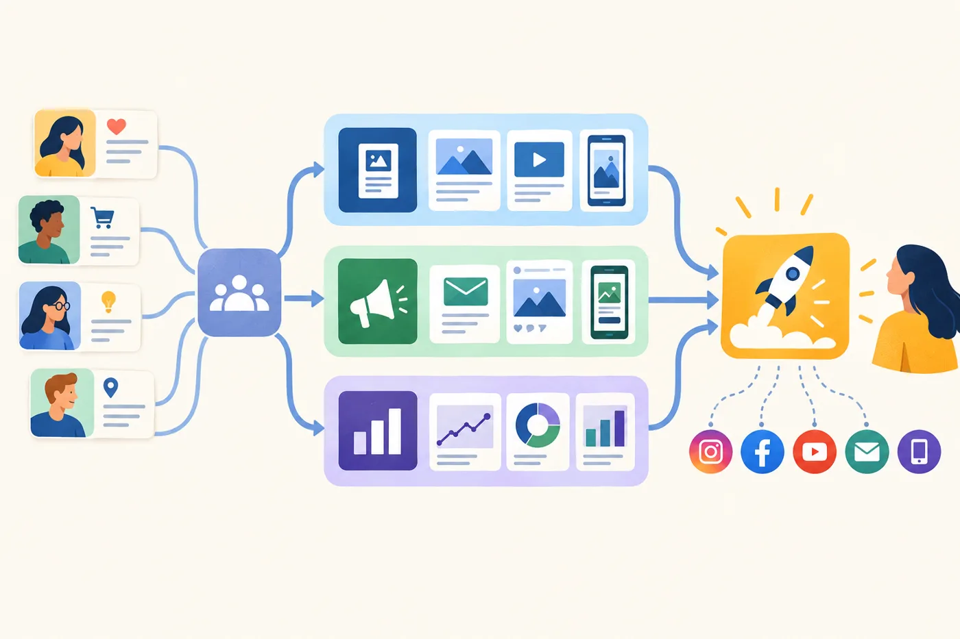 A modular map of a marketing workflow: small customer insight cards feed into content, campaign, and measurement paths, with a highlighted action at the end.: How Do You Adapt One Campaign Across Channels Without Changing Its Promise?