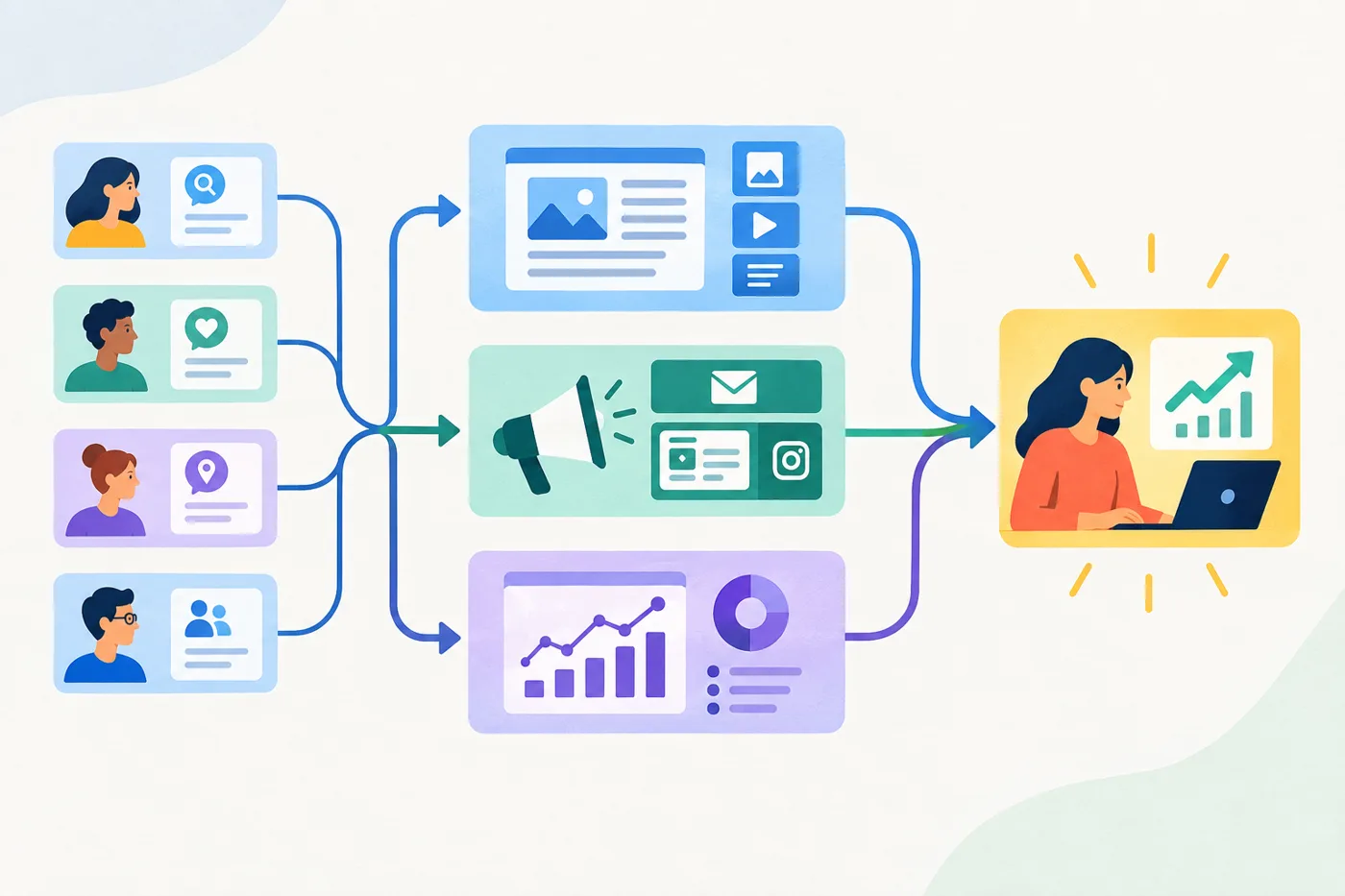 A modular map of a marketing workflow: small customer insight cards feed into content, campaign, and measurement paths, with a highlighted action at the end.: Can AI Group SEO Keywords by Search Intent Instead of Shared Words?