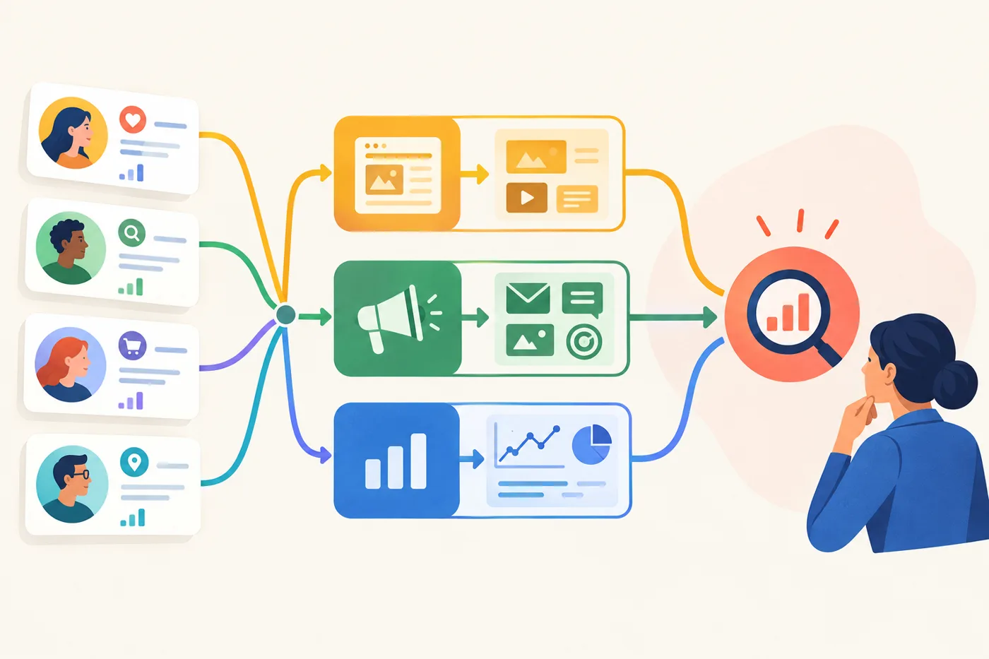 A modular map of a marketing workflow: small customer insight cards feed into content, campaign, and measurement paths, with a highlighted action at the end.: How Can You Investigate a Conversion Drop Before Blaming the Campaign?