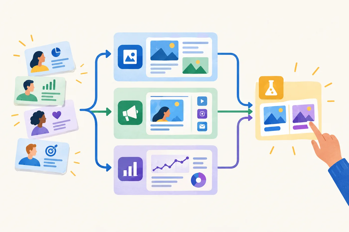 A modular map of a marketing workflow: small customer insight cards feed into content, campaign, and measurement paths, with a highlighted action at the end.: How Can You Test AI Campaign Creative Without Changing Every Variable?