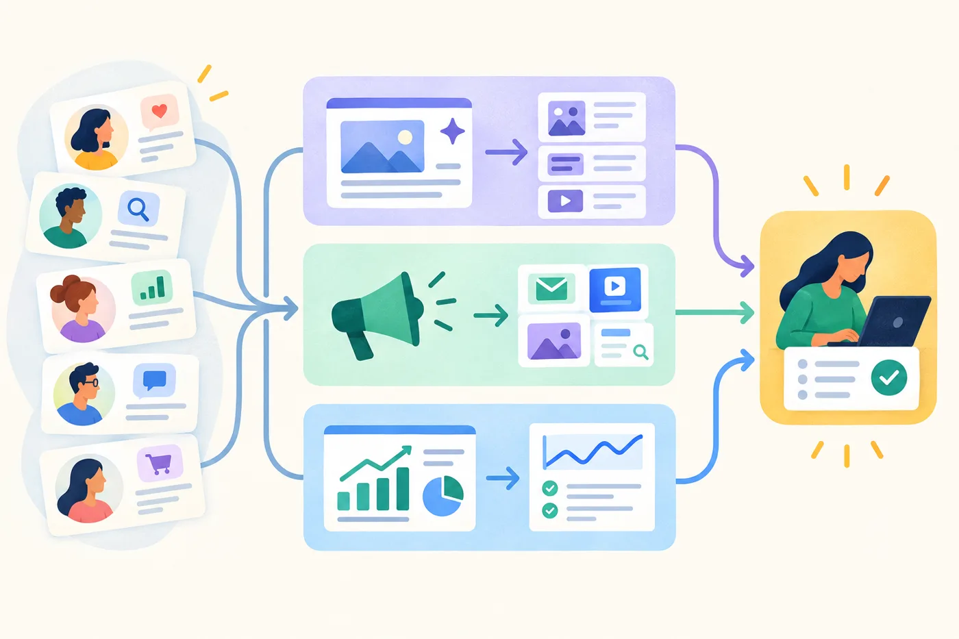 A modular map of a marketing workflow: small customer insight cards feed into content, campaign, and measurement paths, with a highlighted action at the end.: How Do You Use AI for SEO Briefs Without Trusting Invented SERP Details?